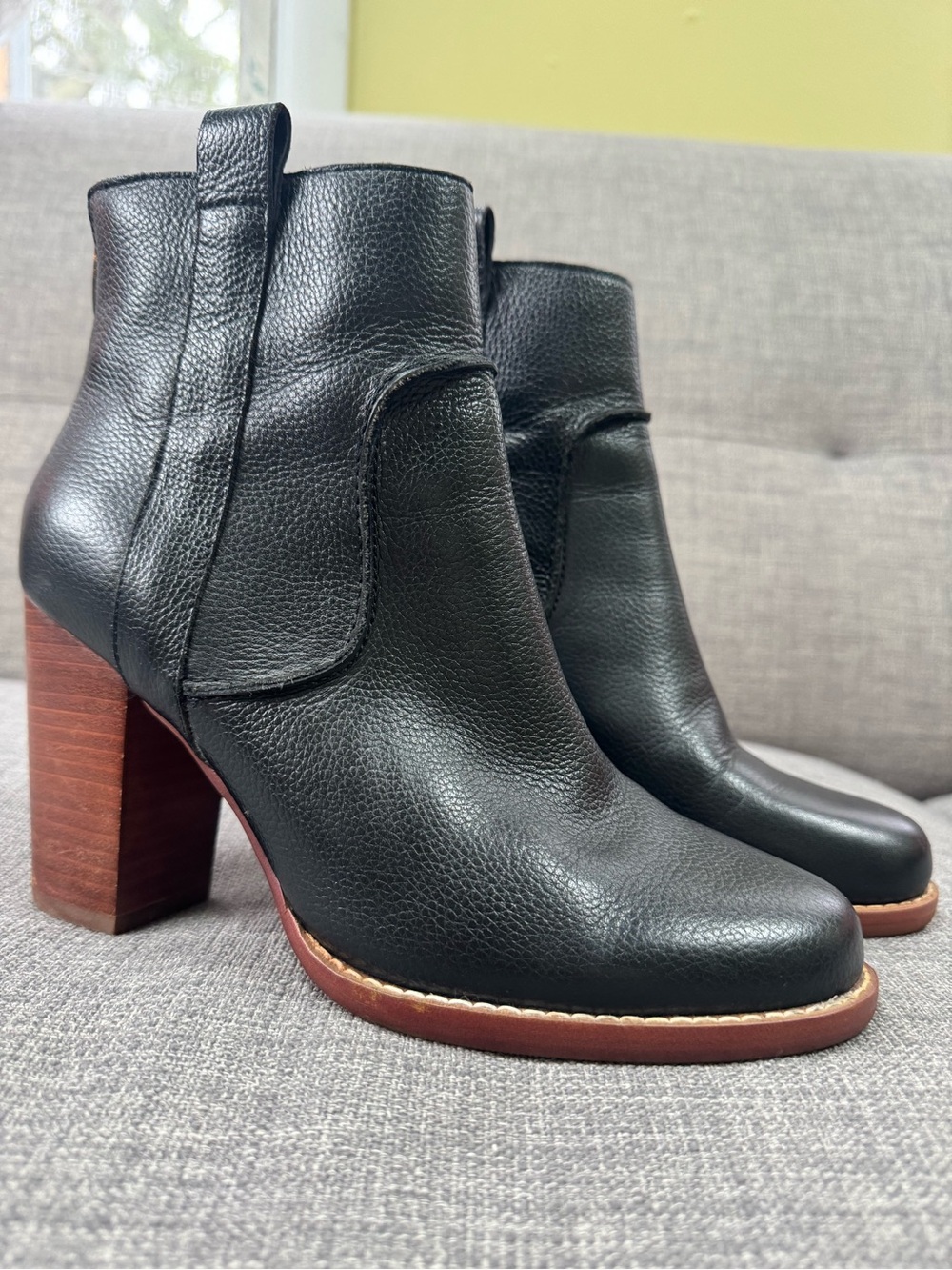 French Connection Black Leather Ankle Boots with Brown Block Heel